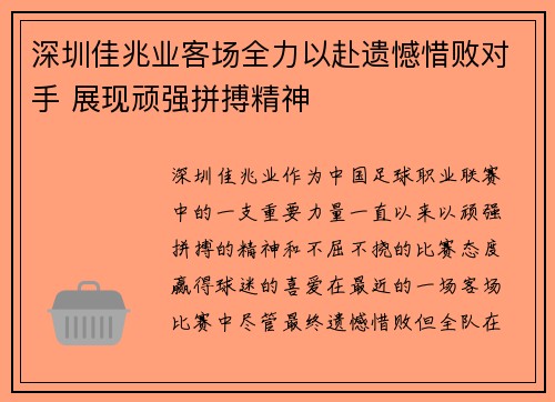 深圳佳兆业客场全力以赴遗憾惜败对手 展现顽强拼搏精神