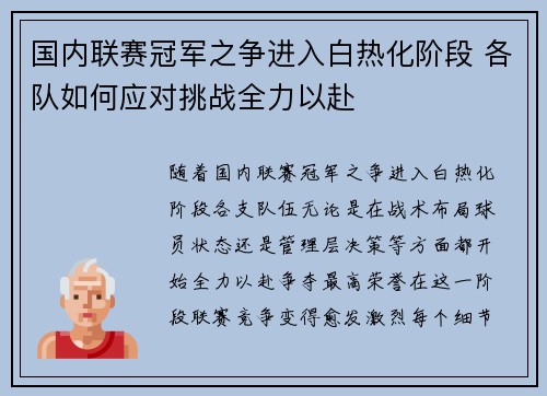 国内联赛冠军之争进入白热化阶段 各队如何应对挑战全力以赴