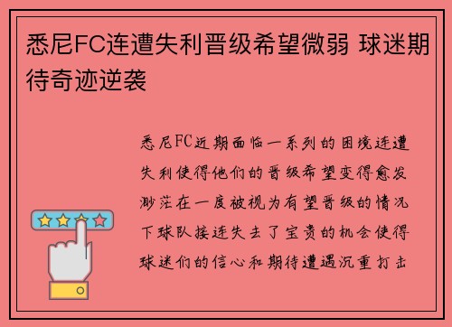 悉尼FC连遭失利晋级希望微弱 球迷期待奇迹逆袭